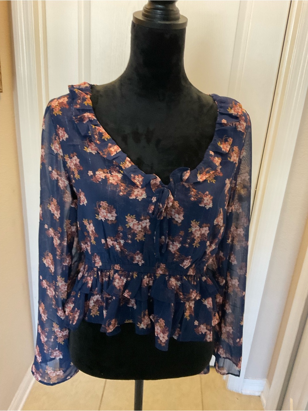 SELF E Navy Blue Floral Peplum Blouse - Metallic Striped Long Sleeve Top - Large